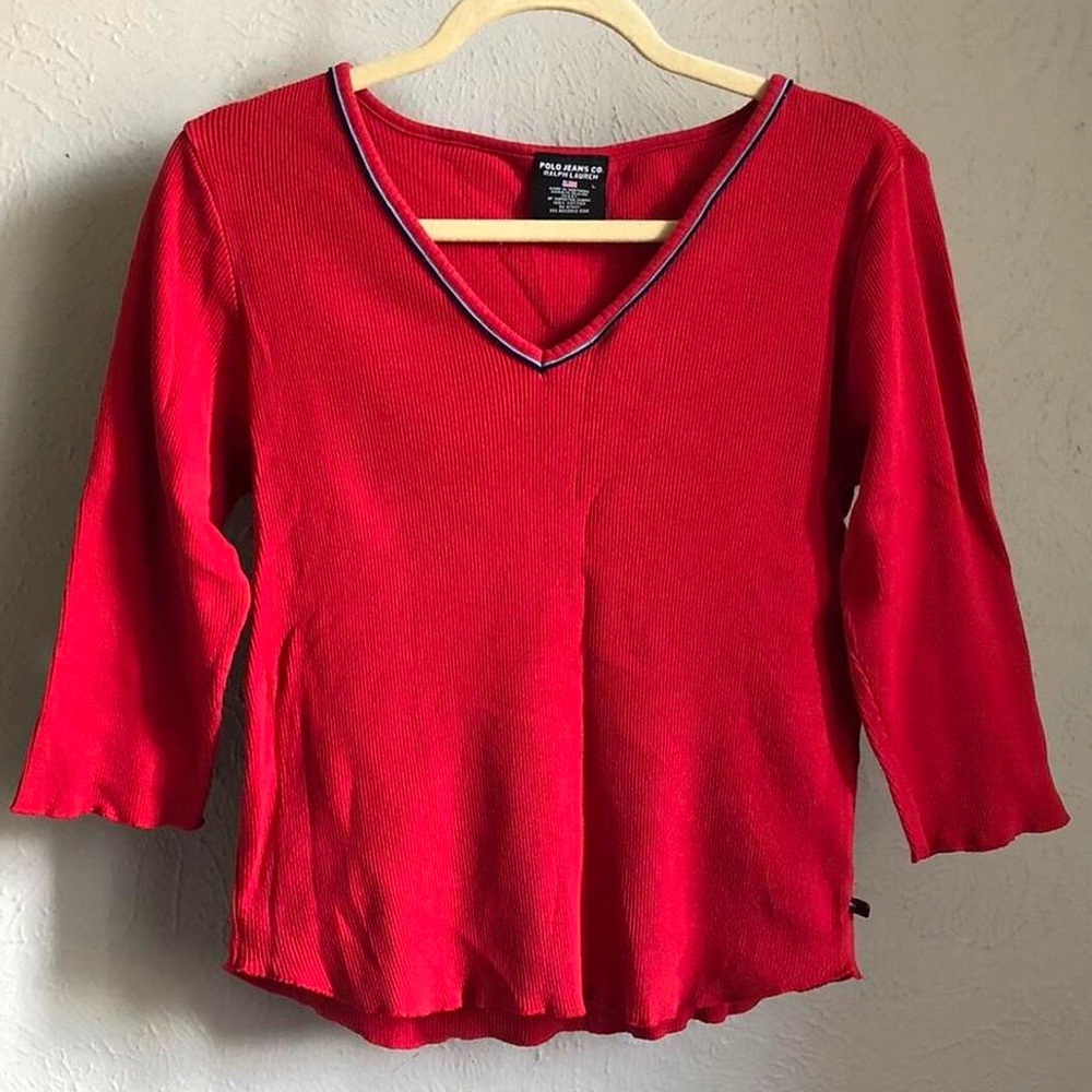 red ribbed quarter sleeve top by polo ralph lauren